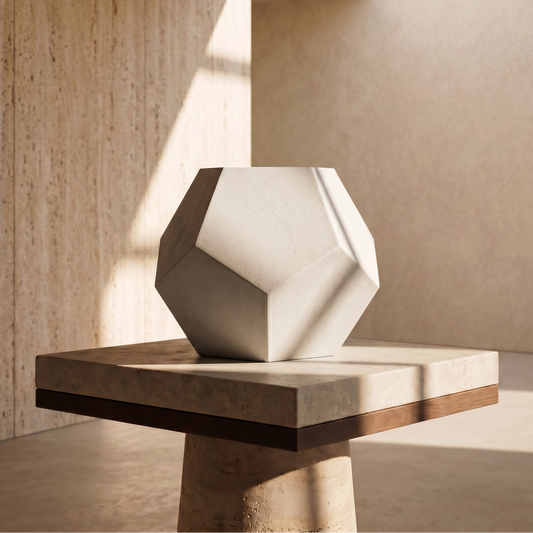 Modern geometric sculpture on a wooden pedestal in a minimalistic setting