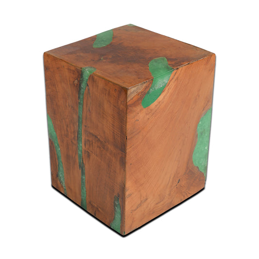 Teak Wood &amp; Green Resin Cube Stool