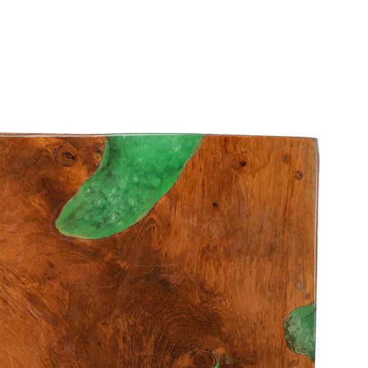 Teak Wood &amp; Green Resin Cube Stool