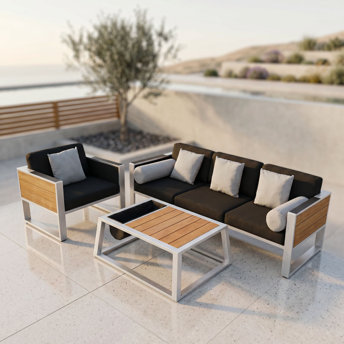 Modern Aluminum Teak Wood Finish Sofa Set