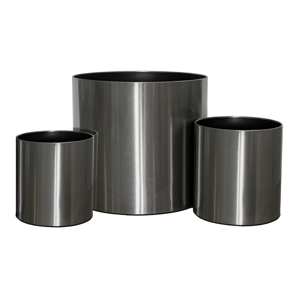 Classic Cylindrical Satin Silver Planter With Wheel